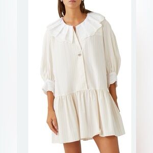 Sandro Cintia Gathered Striped‎ Cotton Mini Shirt Dress Ruffle Collar Size 40